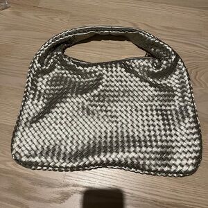 Large silver leather basket weave shoulder bag